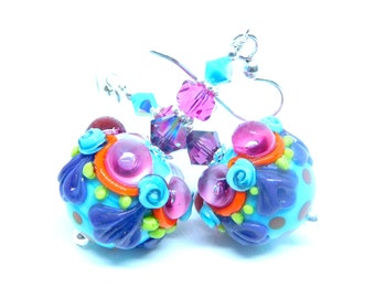 Bright Colorful Funky Glass Dangle Earrings, Blue Pink Purple Green Orange Polka Dot Earrings, Unique Fun Jewelry, Lampwork Earrings