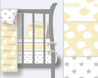 Personalized Nursery Fitted Crib Sheet–Yellow Nursery-Neutral Nursery-Personalized Crib Sheet–Cloud Crib Sheet-Star Crib Sheet