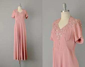 40s Dress // 1940’s Dusty Rose Silk Crepe Sequined Dress // Medium