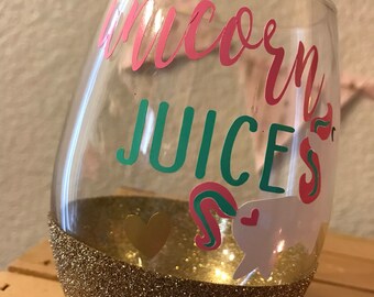 Unicorn Juice Glitter Dipped Stemless Wine Glass // Unicorn Lover // Glittered Wine Glass