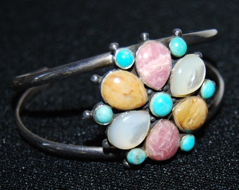 Vintage Barse Sterling Silver Quartz Turquoise Flower Bracelet Cuff Mother of pearl Real Gems