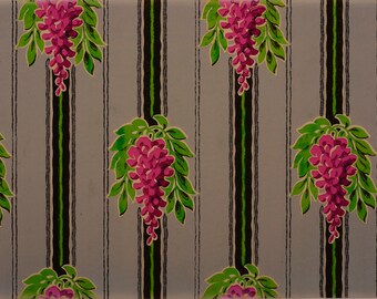 French Original Wallpaper Sample Fuchsia Wisteria Gray Black Stripe 1920s