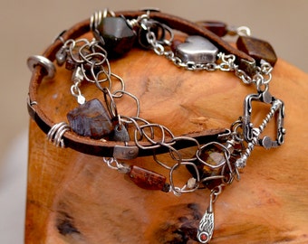 Ammolite Leather Bracelet. Oxidized Silver Bracelet. Rustic Silver Heart Bracelet. Silversmith. Charm Bracelet. Multi strand Bracelet.