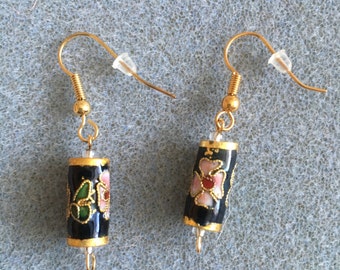 black barrel cloisonné earrings