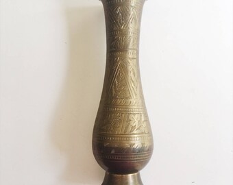 Engraved Brass Vase, Vintage Brass Vase, Tall Brass Vase, Boho Brass Vase, Boho Metal Vase, Retro Brass Vase, Brass Flower Vase