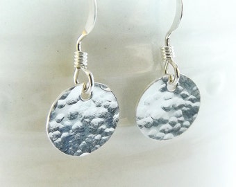 Hammered Contemporary Jewelry, Hammered Silver Earrings, 925 Jewelry, Hammered Disc Earrings, Womens Earrings