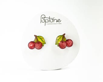 Red Cherry Earrings, cherries, rockabilly cherry studs, valentines earrings
