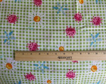 Fabric 1 Yard 18 Inches Green Gingham check Pink Ladybugs Daisy Flowers Blue Dragonfly Cotton