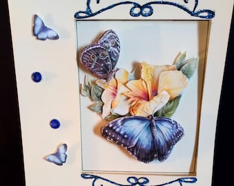 Card Ecru 3D blue butterflies pattern