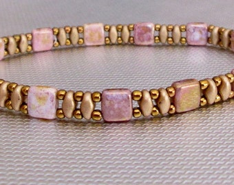 pink tile bracelet, superduo bracelet, beaded bracelet, boho bracelet, seed bead bracelet, dainty bracelet, minimalist bracelet