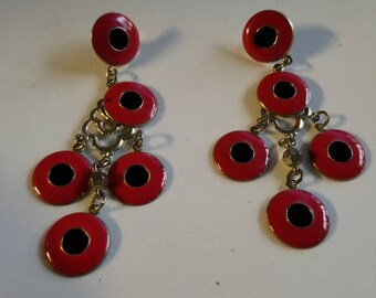 Black and red earrings, vintage chandelier earrings, circle earrings, 80s vintage dangle earrings, statement earrings, red earrings