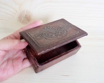 Vintage Leather Box, Small Rectangular Box, Leather Jewelry Box, Leather Trinket Box, 60s Vintage Box, Brown Leather Cigarette Box