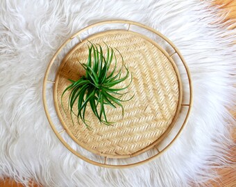 Vintage Boho Bamboo and Wicker Woven Tray / Vintage Bamboo Tray / Vintage Rattan Tray / Boho Decor / Rattan Tray / Vintage Round Tray
