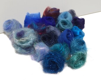 Blue Fiber kit, Sampler, wool, firestar, glitz, Needle, Wet Felting, Spinning, Palette, mini batt, roving, Dark, medium, light blue, 1 oz.