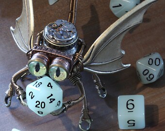 Little Steampunk Flying Octopus Modron Robot Sculpture with taxidermy glass eyes