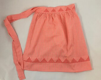 Vintage Handmade Apron; Gingham Apron with Crosstitch