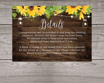 Rustic Sunflower Wedding Details Insert Cards Printed and Shipped to You - Country Rustic Wedding - Affordable Inserts - Wedding-101