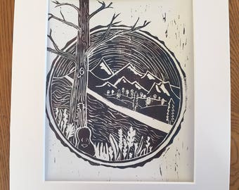 Mountain Scene Linoleum Block Print