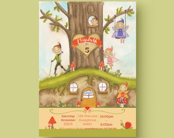 Woodland Treehouse Fairy and Elf Custom Birthday Printable Party Invitation