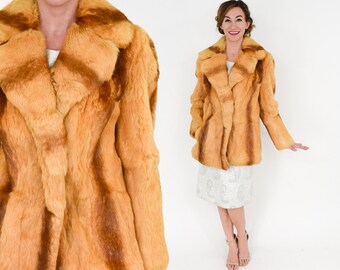 70s Rabbit Fur Coat | Striped Golden Fur Jacket | Kamal NY LA | Medium Large