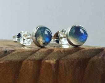 Silver stud earrings, Labradorite 5 mm studs Sterling Silver