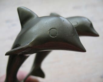 Vintage Brass Dolphin Porpoise Figurine Two Brass Dolphins Pair of Leaping Dolphins Porpoise