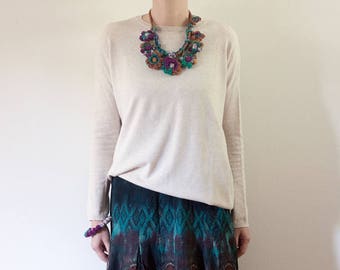 Flower necklace in brown green and purple Crochet statement jewelry with bamboo beads, OOAK