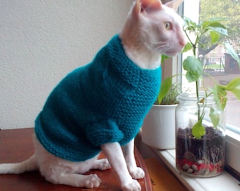 Blue cat sweater Sphynx clothes hand made blue sweater for cat with heart pattern
