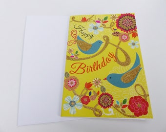 happy birthday gold glitter bird yellow background