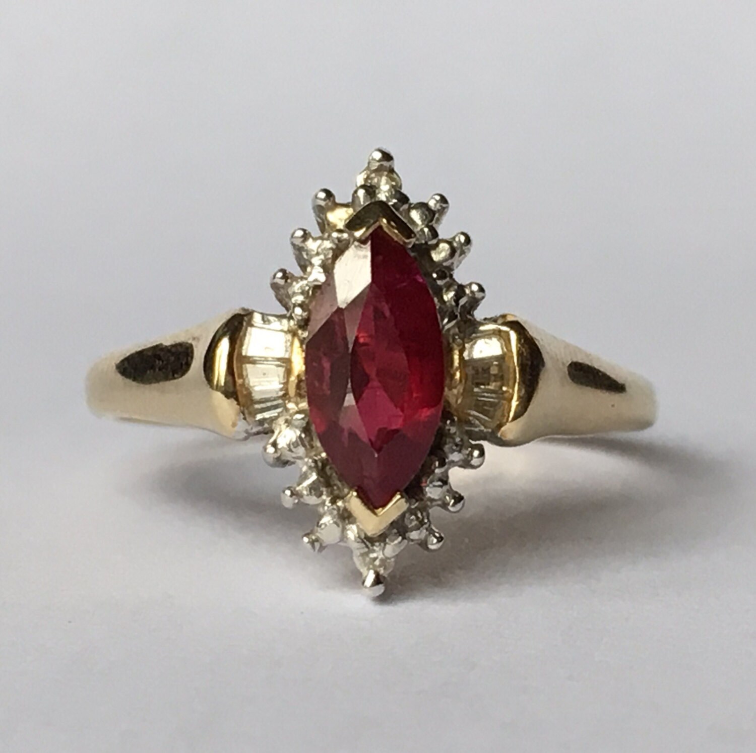 Vintage Ruby Ring. Diamond Halo. 14K Solid Yellow Gold Setting. Unique Engagement Ring. July