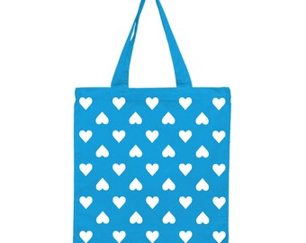 Turquoise Happy Hearts Cotton Tote, Market Tote, Cotton Tote with Hearts, Turquoise Market Tote, Grocery Tote, Tote Bag, Gift for Her
