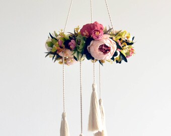 Baby mobile floral wreath. Floral mobile newborn gift, baby girl nursery. Nursery floral art. Crib mobile, Flower chandelier. Pink peonies
