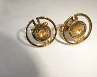 Vintage Cuff Links Round Gold Sunburst Cufflinks