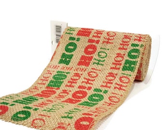 Christmas Red, Green and Beige Ho Ho Ho Printed Burlap Fabric
