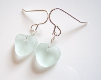 Seaham Sea Glass hook earrings of Pale Pastel Aqua Heart shape drops suspended from Sterling Silver hooks - E1792 - from Seaham, UK