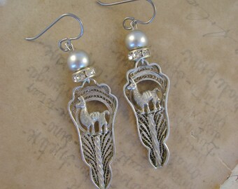 Dolly Llama - Peruvian Cannetille Filigree Llama Sterling Silver Demitasse Spoons Pearls Rhinestones Niobium Recycled Repurposed Earrings