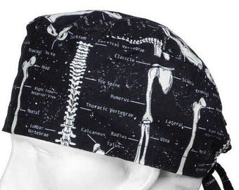 READY TO SHIP! Tie back Glow in the Dark Skeleton Anatomy Surgical Cap/ Scrub Hat tie back