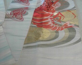 RARE Antique Silk Nagoya Obi with Woven Lobster Motif