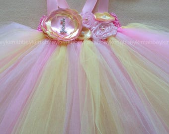 Beautiful babygirl strawberry pinklemonade tutudress ,firstbirthdaytutudress in pink and yellow withmatching headband for girls 12-18 months