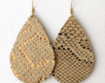 Reptile Gold Leather Drop Earrings, gold earrings, gold jewelry, the leather drop, leather earrings