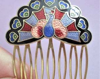 Peacock Hair Comb Cloisonne Hair Comb Turquoise Blue Hearts Peacock Vintage Hair Accessory Enamel Jewelry Gift Decorative Asian Hair Comb