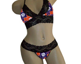 Clemson Tigers Lingerie Black Lace Cami Bralette Style Tie-Top, Matching G-String Panties - DD Cup Top, L Panty - Free SAME DAY Shipping*