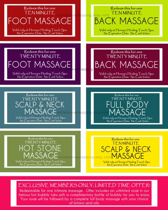 Massage Coupons for Him or Her Instant Download