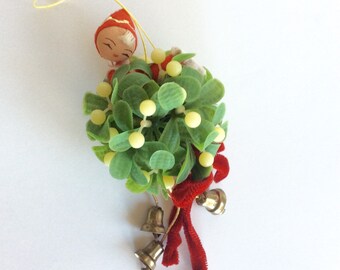 Vintage Mistletoe with Elf Christmas Ornament