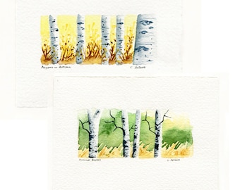 Two Original Hand Painted Landscape Art Cards - Aspens and Birches