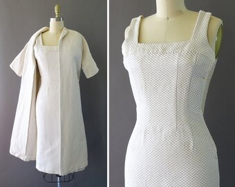 50s Bombshell Matching Dress and Coat- 1950s Vintage Dress and Coat - White Gold Wiggle Dress - Short Sleeve Open 50s Coat - Hourglass Dress