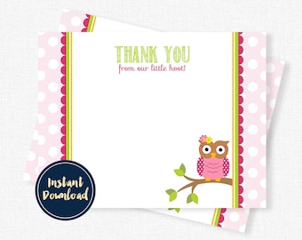 Owl Thank You Card, Pink Owl Birthday Thank You, Blank Thank You, Girl Thank You Printable INSTANT DOWNLOAD