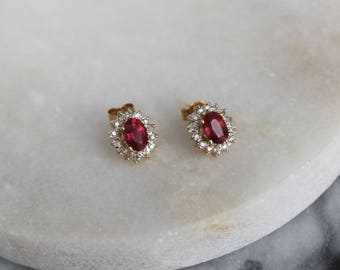 Vintage Ruby and Diamond Stud Earrings | 14k Gold | Genuine Stones