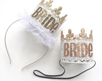 Bride crown || Bachelorette || Bride-to-Be || White with Gold or Rose Gold sparkle || Sage lace crown || hard headband or elastic