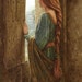 Art Print on SILK Medieval Woman w red braided hair looking out castle window- fun for all artistic Endeavors - fiber arts Crazy Quilting